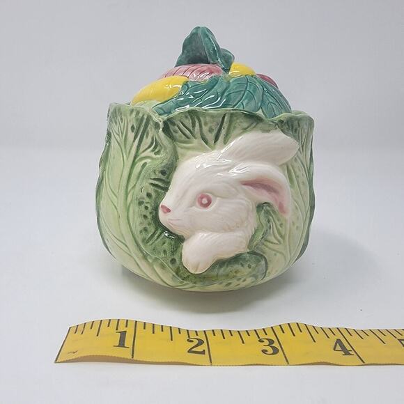 Vintage Bunny Lane By Strata White Rabbit Green Cabbage Easter Tea Pot W/ Lid - Picture 2 of 16